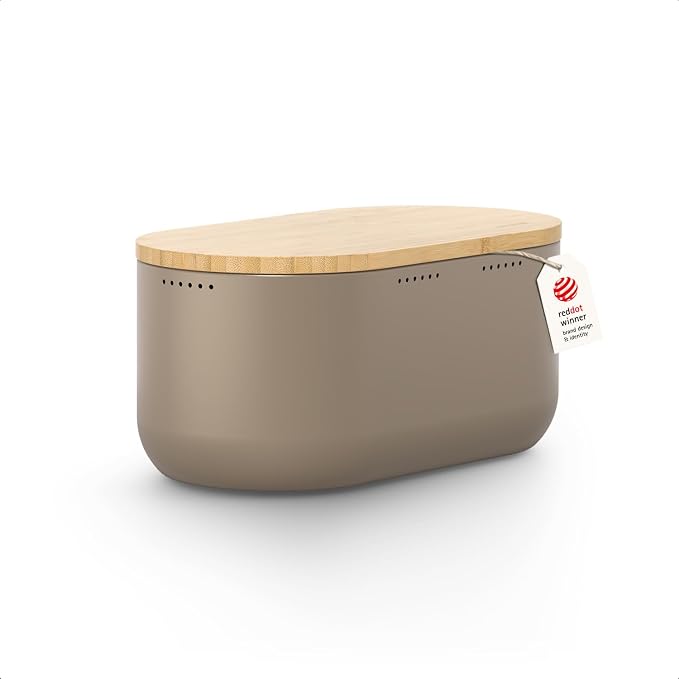 LARS NYSØM Bread Box I Metal bread box for long lasting freshness with non-slip pads I Baked goods Bin with bamboo lid usable as cutting board I 13.6x7.3x6.2in (Taupe Brown)