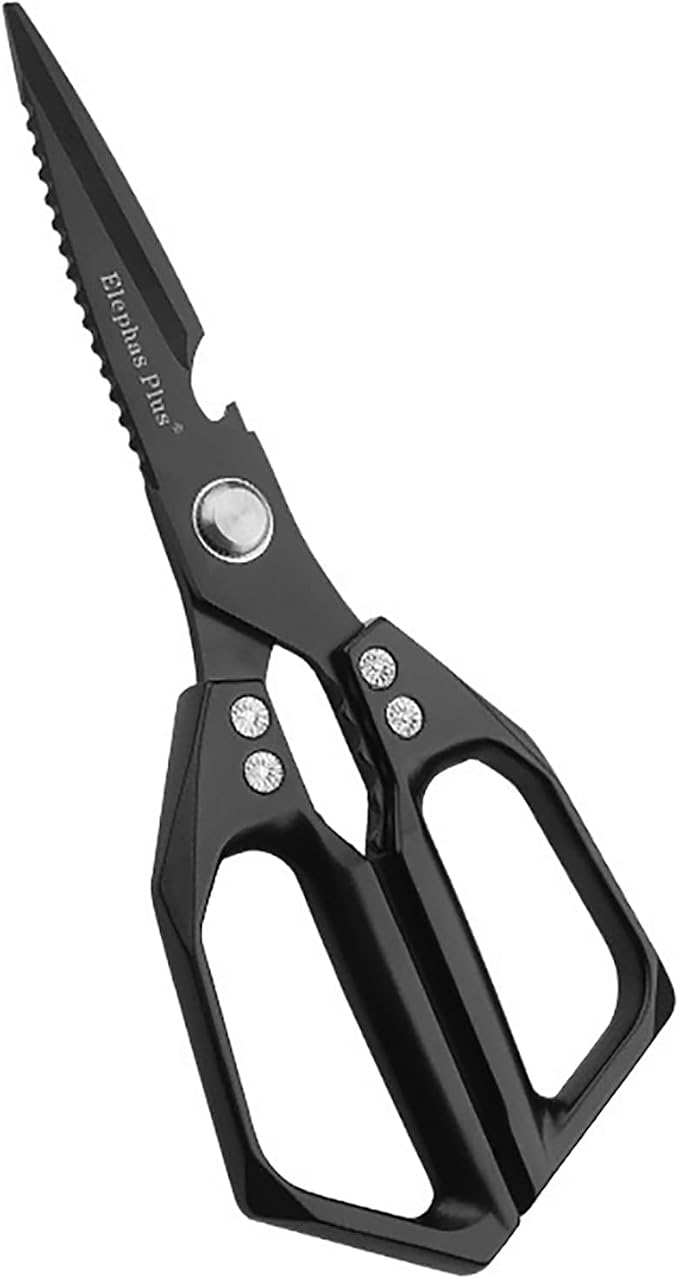 Heavy Duty Rust Proof Multi-Purpose Kitchen Shears(Black) | Suitable for Chicken, Fish, Steak and Vegetables. Built-In Fish Scaler & Bottle Opener, Dishwasher Safe.
