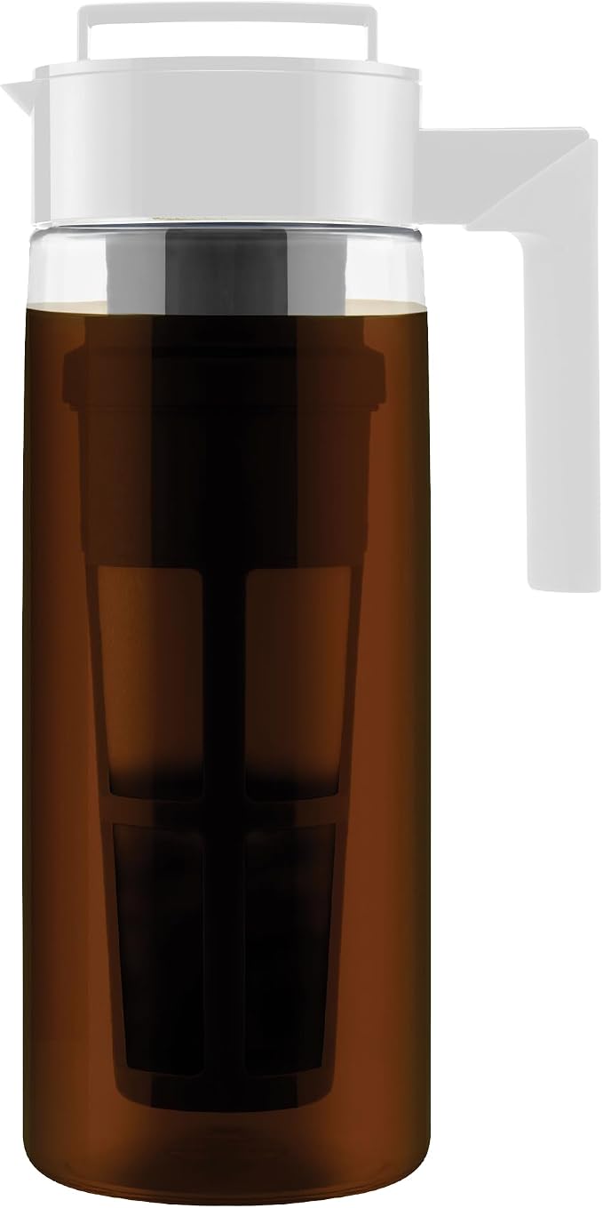 Takeya Deluxe Cold Brew Coffee Maker - BPA-Free Tritan Pitcher with Airtight Leakproof Lid, Silicone Grip Handle, Fine-Mesh Filter - Shatter-Proof, Dishwasher Safe, Made in USA - 2 Quart/White