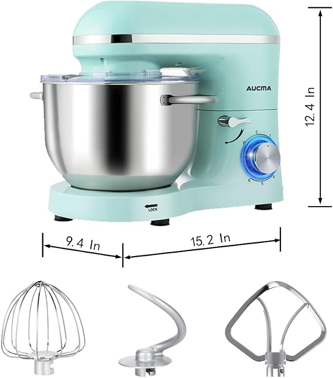 Aucma Stand Mixer,6.5-QT 660W 6-Speed Tilt-Head Food Mixer, Kitchen Electric Mixer with Dough Hook, Wire Whip & Beater (Blue, 6.5QT)