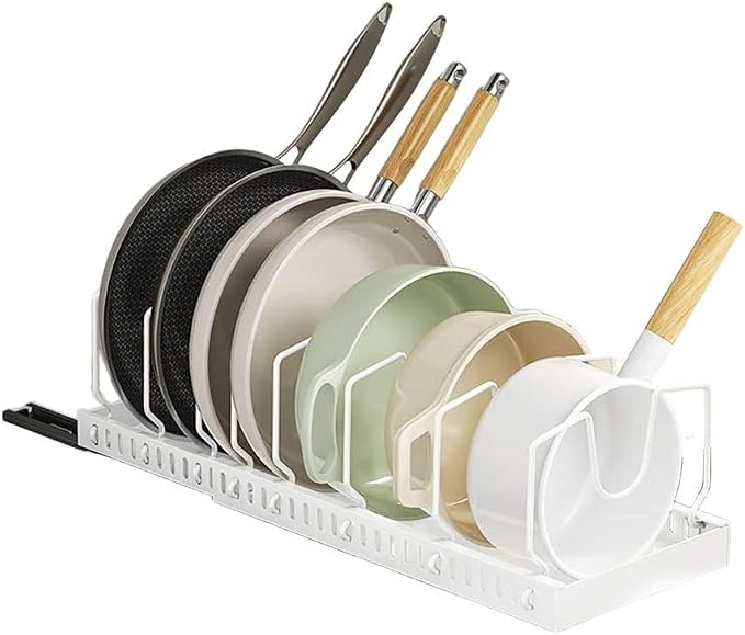 pots and pans organizer under cabinet,pot lid organizers inside cabinet holders for kitchen,Horizontal and vertical pulling modes,cast iron storage (White vertical pull-out)