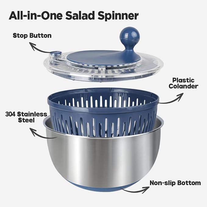 Stainless Steel Salad Spinner, 5.3 Qt Lettuce Spinner with Non-Slip Base, Drain and Stop Button, Fruit and Vegetable Washer and Dryer Spinner, Blue
