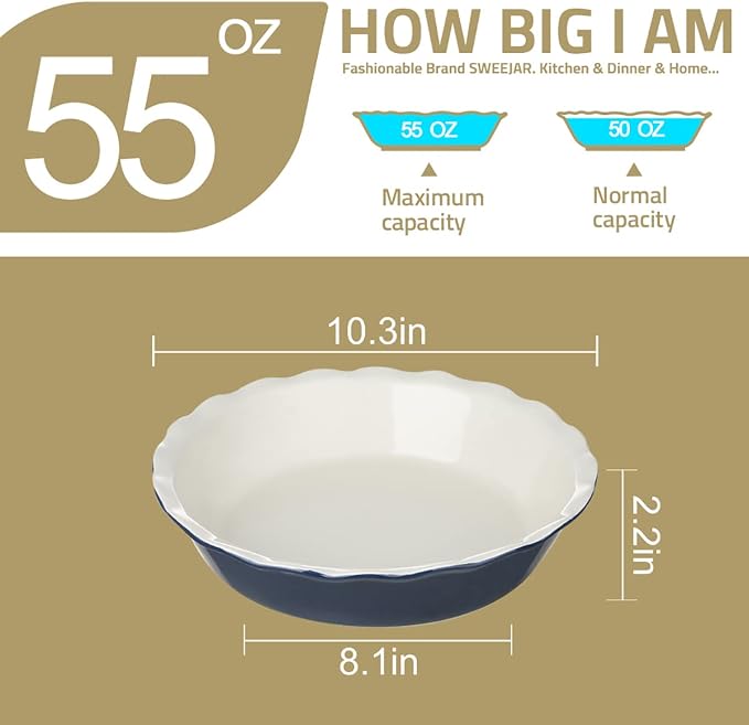 Sweejar Ceramic Pie Pan, 10 Inches Round Baking Dish for Dinner(Green) | Non-Stick Plate With Soft Wave Edge for Apple, Pumpkin, Pot Pies