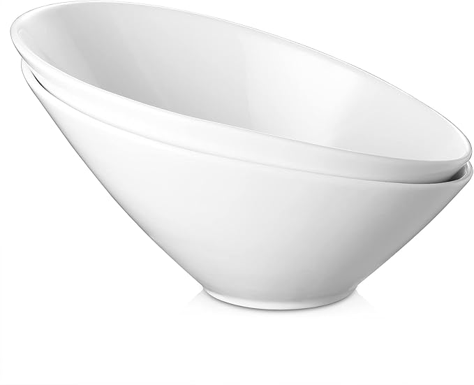 DOWAN 23 OZ Slanted Salad Bowls of 2 Packs - 9.5" Angled Serving Bowls for Salad, Fruit, Snacks - Ceramic White Bowls for Restaurant, Daily Use - Dishwasher & Microwave Safe