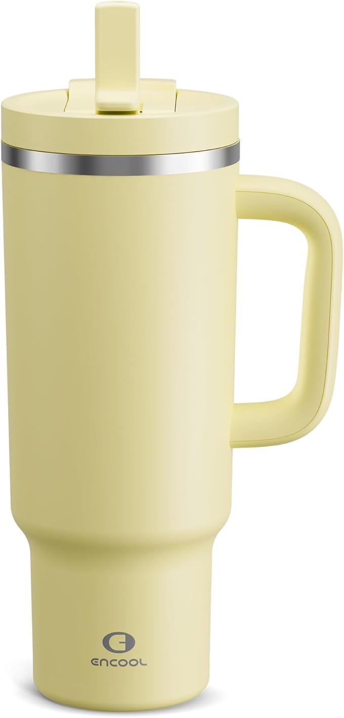 ENCOOL 40 oz Tumbler with Handle and Straw: Stainless Steel Insulated Tumbler Keeps Cold for 24 Hours, Leakproof Travel Cup Fits in Cup Holder and BPA-Free,Light Vanilla