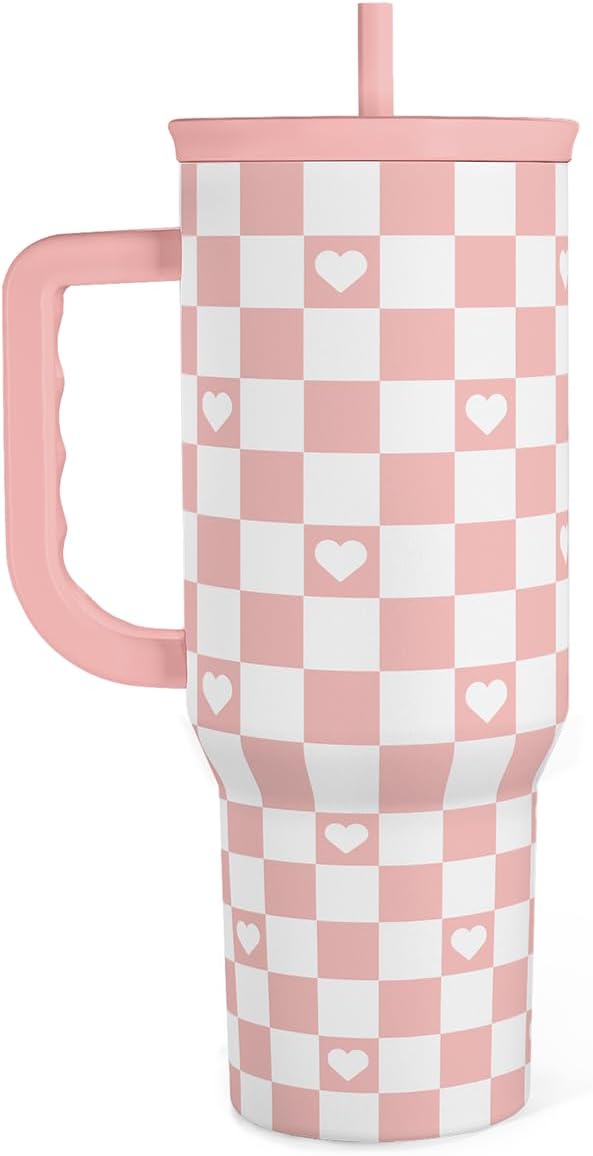40oz Checkered and Heart Tumbler with Handle and Straw - Insulated Stainless Steel Travel Coffee Mug for Women Girls, Gift for Birthday, Christmas