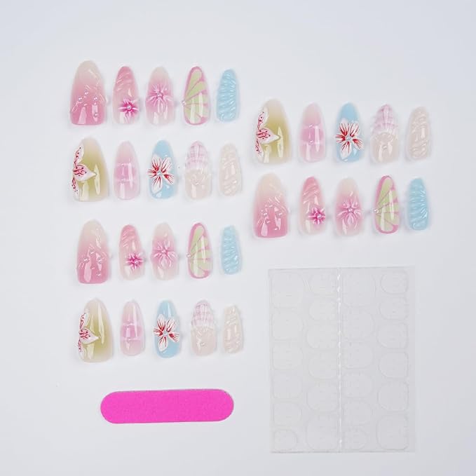 30Pcs Summer Flower Press On Nails Medium Almond Fake Nails with Pearl Design Blue Pink Cute Nails Glossy Full Cover Acrylic False Nails Reusable Summer Beach Stick On Nail for Women Vacation Nail Art
