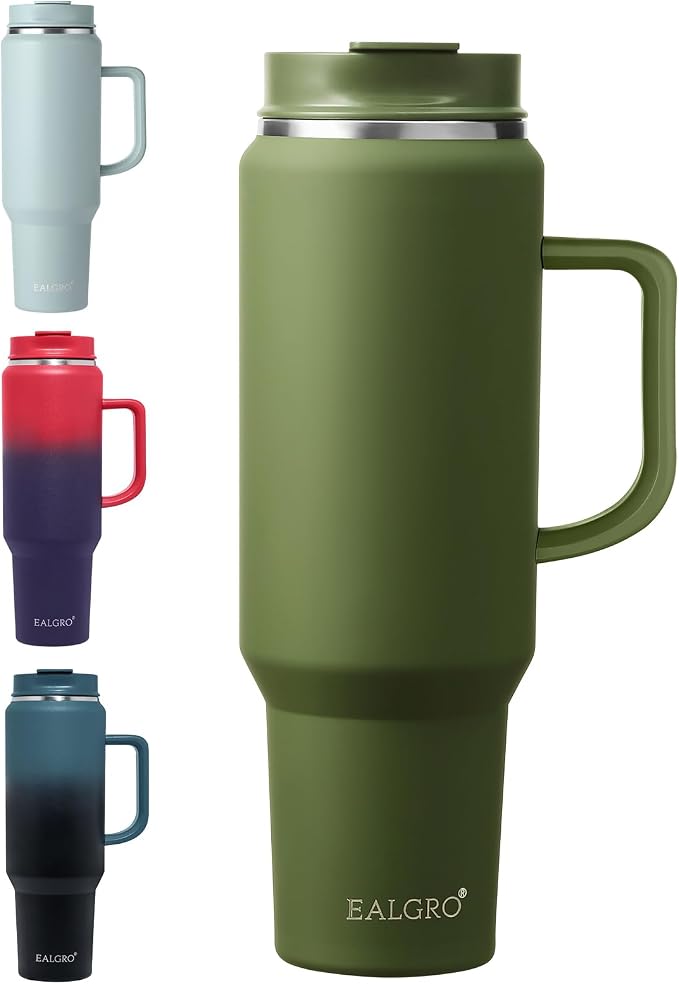 EALGRO 50 oz Tumbler with Handle, Insulated Tumblers with Lid and Straw | Leakproof Large Metal Sports Water Bottle Jug, Stainless Steel Travel Coffee Mug, Double Wall Vacuum Thermal Cup, Army Green