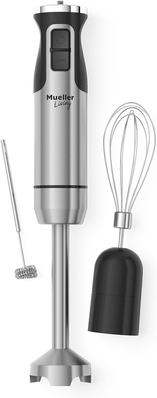 MuellerLiving Ultra-Stick Immersion Hand Blender, 500W Heavy Duty Motor, 8-Speed Turbo Setting, Includes Blending Shaft, Whisk, Milk Frother & Measuring Beaker | 500W Heavy Duty Motor | 8-Speed Turbo Setting | Includes Blending Shaft, Whisk, Milk Froth...