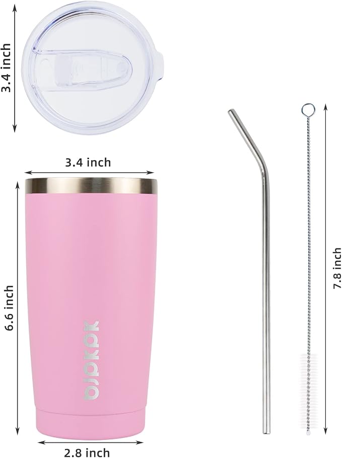 BJPKPK 20oz Coffee Tumbler with Lid & Straw, Insulated Stainless Steel Mug | Double Wall Vacuum, Keeps Hot/Cold, BPA Free, Leak Proof, Iced Coffee Cup Fit Car Holder, Travel & Beach, Light Pink
