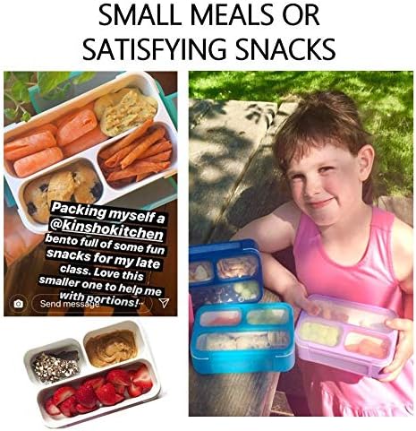 kinsho Small Snack Box Container for Kids Toddlers Set of 2 (Purple + Blue) | 3 Compartments, Leak-Proof, Spill Proof, BPA-Free Reusable Small Mini Bento Lunch Box for Daycare School Travel, Holds 2 Cups