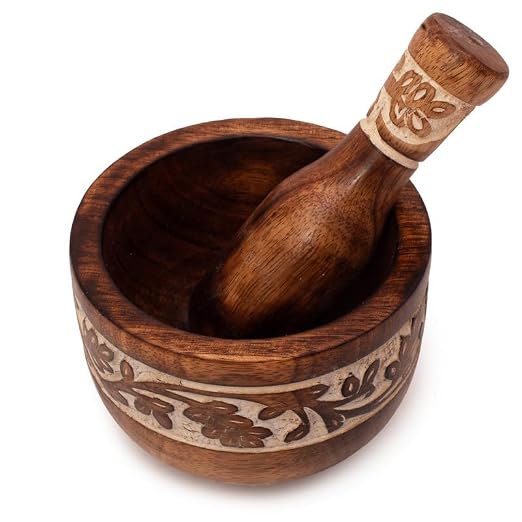 Handmade Wooden Mortar & Pestle Set, Herb Spice Garlic Masala Grinder Bowl | Rustic manual kharal crusher for ginger, peppercorns, seasonings, pesto, guacamole, pill crusher, easy to clean, kitchen prep