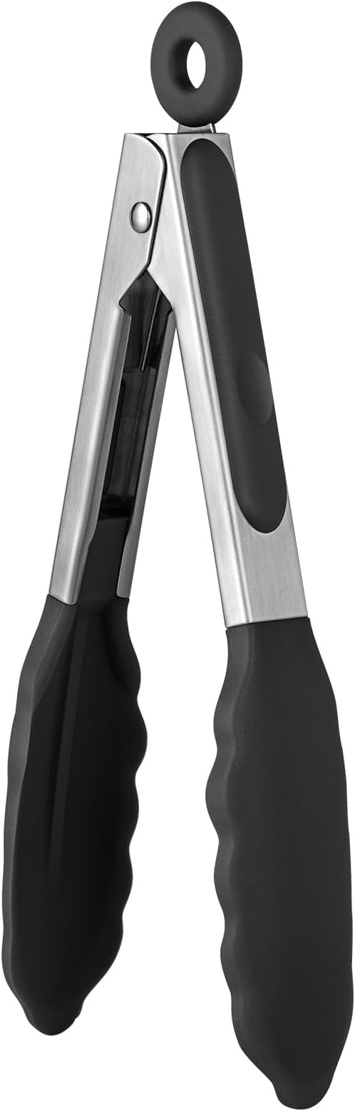 U-Taste Kitchen Tong for Cooking, 600ºF Heat-Resistant Silicone, 7in/Black | Small Mini Silicon Tongs for Serving Food, Short Salad Thong with Non Stick Rubber Tips & 18/8 Stainless Steel Handle