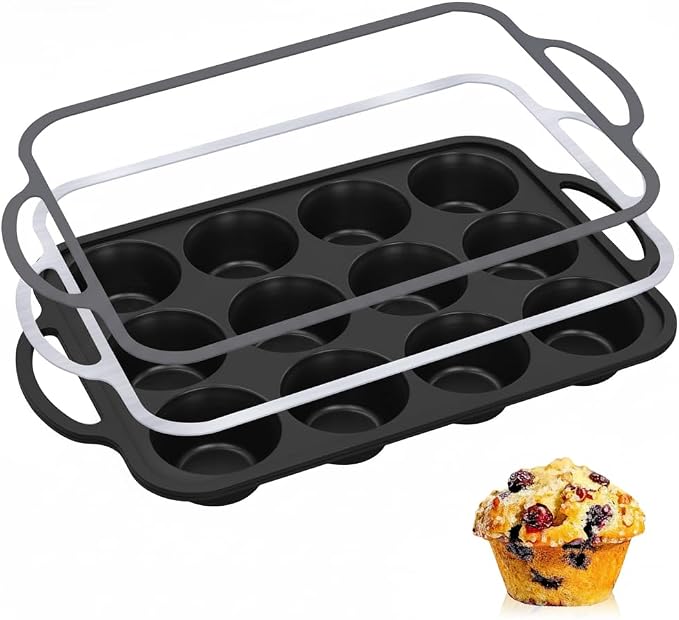 12-Cup Mini Silicone Muffin Pan with Reinforced Steel Frame,Metallic Black | Regular Size Cupcake Pan, BPA Free Silicone Muffin Tray, Reinforced Steel Frame for Stability, Easy Baking & Cleanup, 1Pk