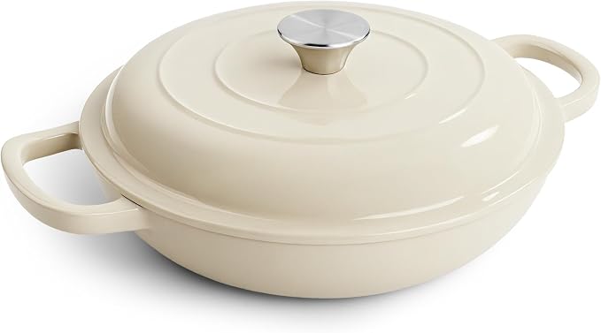 3 Quart Enameled Cast Iron Braiser, Non Stick Enameled Cast Iron Skillet with Lid, Dutch Oven Skillet with lid up to 500°F for Oven, Stove, Grill, Shallow Dutch Oven for Cook, Bake (Beige)