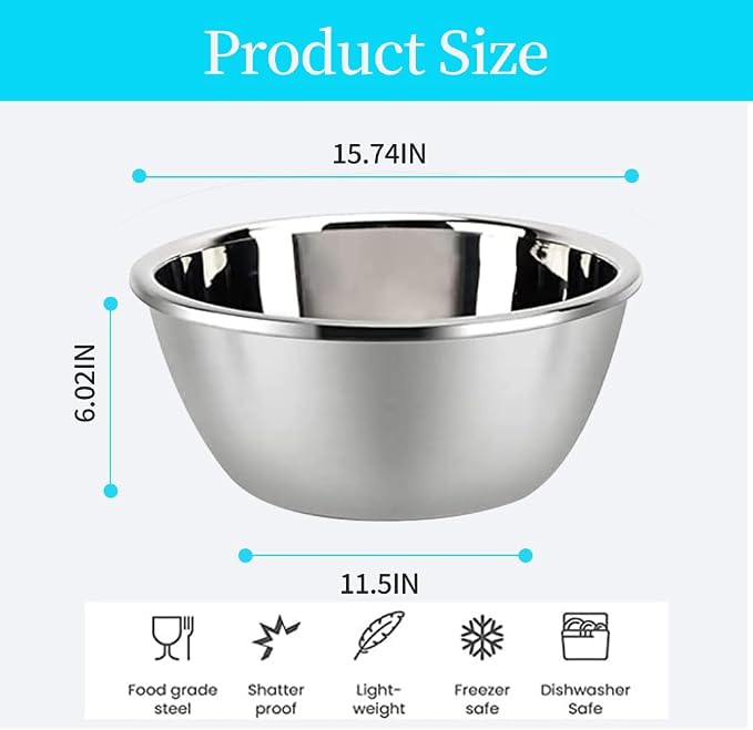 meleg otthon Stainless Steel Mixing Bowl, Stainless Steel Basin, 18.5QT Mixing Bowls,Heavy Duty Deeper Edge Mirror Finish Dishwasher Safe Bowl(15.74'' diameter x 6.02''high)
