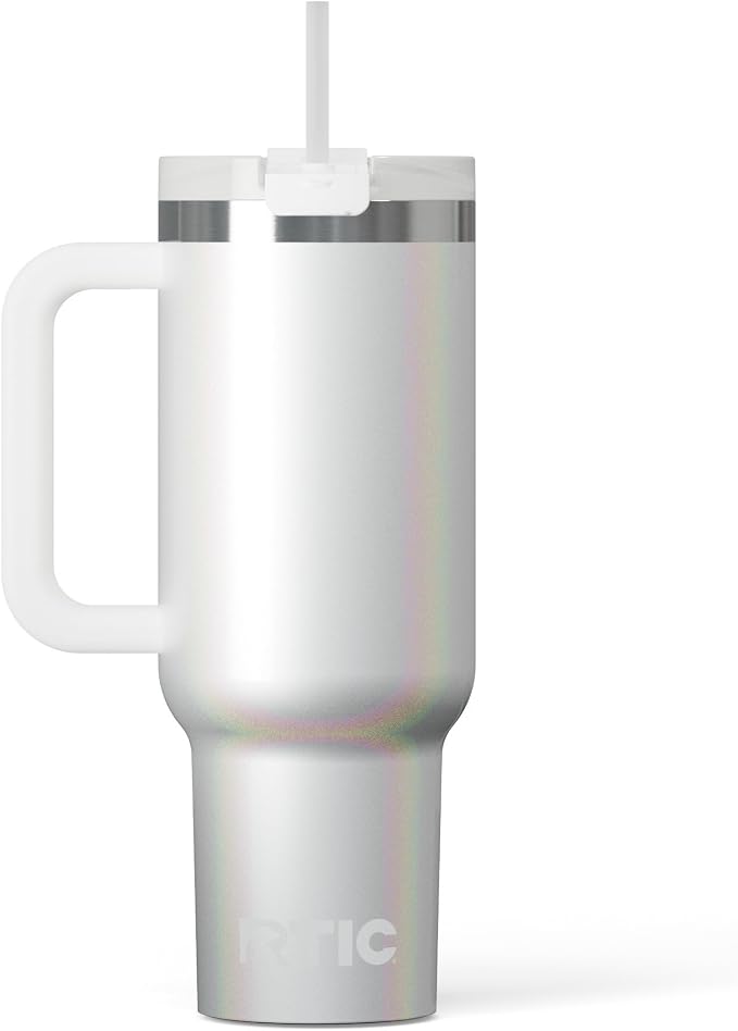 RTIC 40oz Road Trip Tumbler, Insulated, Ceramic Lined, White Glitter | with Lid, Handle and Straw, Stainless Steel Metal Cup, Portable for Hot and Cold Drinks, Coffee, Car, Camping, Travel