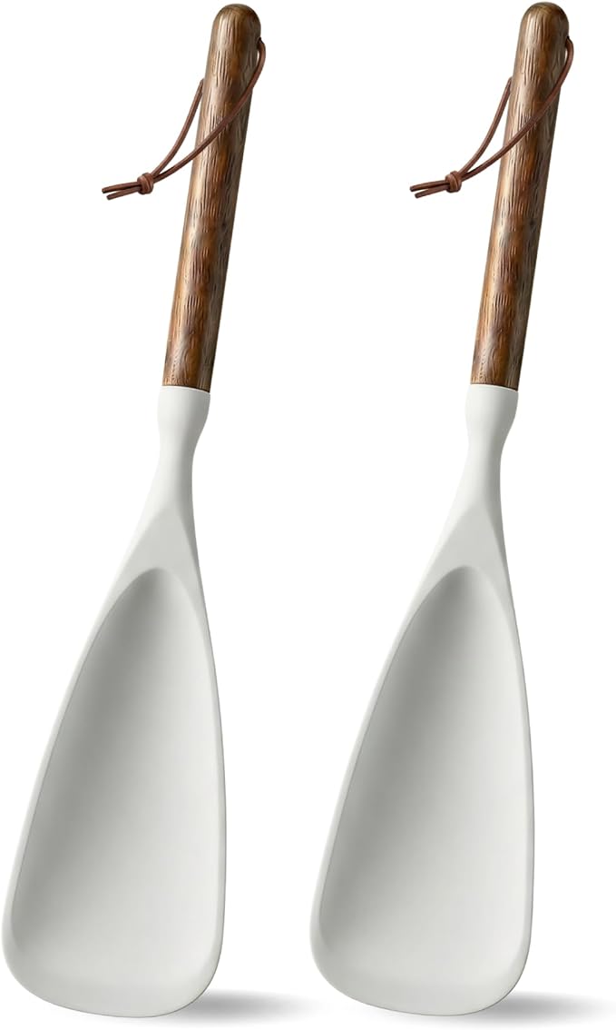 2-Pack Silicone Spoonula with Wooden Handle, BPA-Free Spatula Spoon for Nonstick Cookware, Heat Resistant Cooking Spoon for Mixing, Scraping, Scooping and Serving(White)