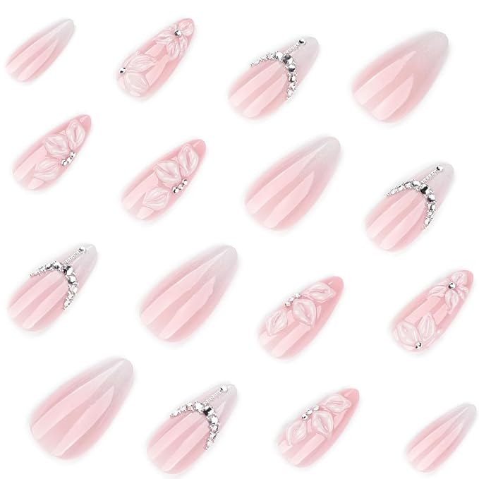24Pcs Almond Press on Nails Medium French Tip Fake Nails with Silver Rhinestones & 3D Embossed White Flower Design Glossy Nude Pink Glue on Nails Full Cover Acrylic Nail Tips False Nails for Women