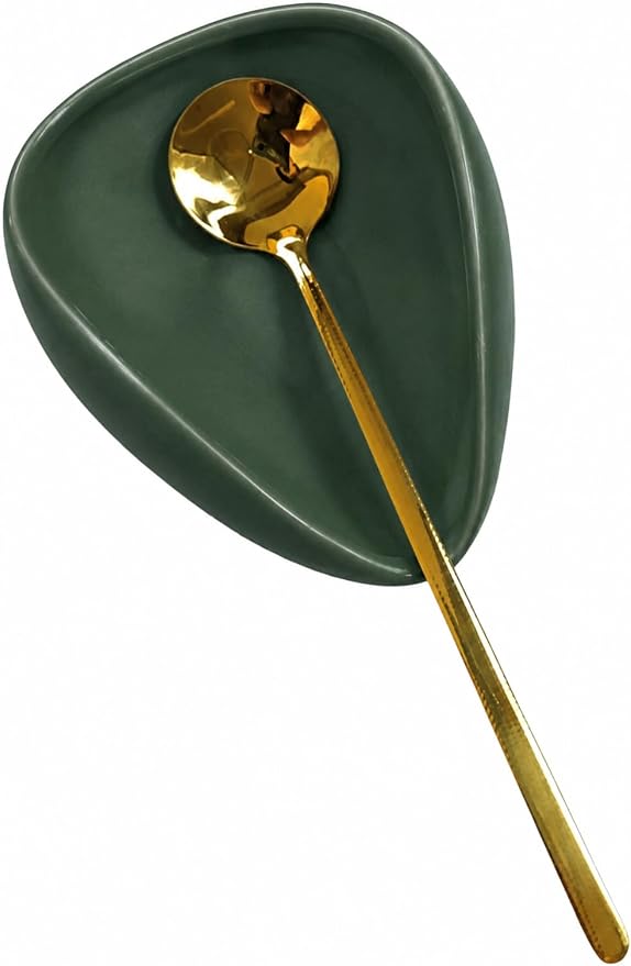 Mini Coffee Spoon Holder, Small Ceramic Spoon Rest for Coffee Stirrers, Teaspoon, Bar Spoon, Coffee Bar Accessories (Sage Green-Gold Spoon)