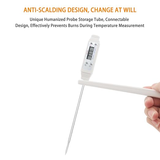 Meat Thermometer, Waterproof Digital Food Thermometer Instant Read with 120mm Long Probe, Automatic Calibration, Kitchen Cooking Thermometer for BBQ, Grill, Water Temperature(White)