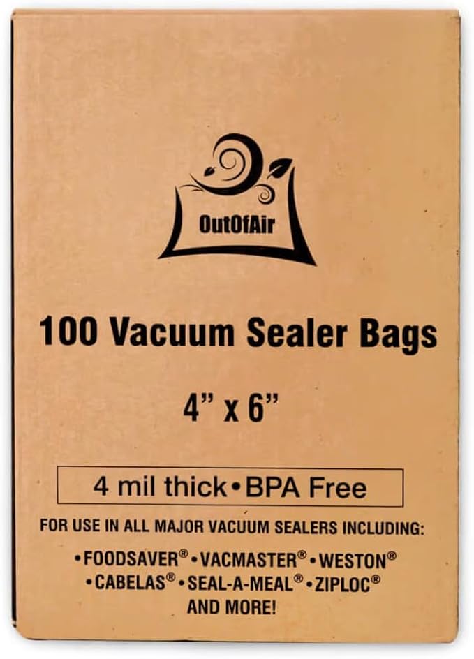 OutOfAir 100 Vacuum Sealer Bags: 4" x 6" Pre Cut Bags - Works with FoodSaver & Other Machines - 33% Thicker BPA Free, 4 Mil Commercial Grade, 4 x 6 inches