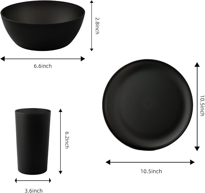 24pcs Matte Black Dinnerware Set, Plates Bowls & Cups, Unbreakable Dishes for 8, Reusable BPA‑Free Tableware, Dishwasher Safe for Kitchen Party Picnic Camping, Bonus Cutlery Set Included
