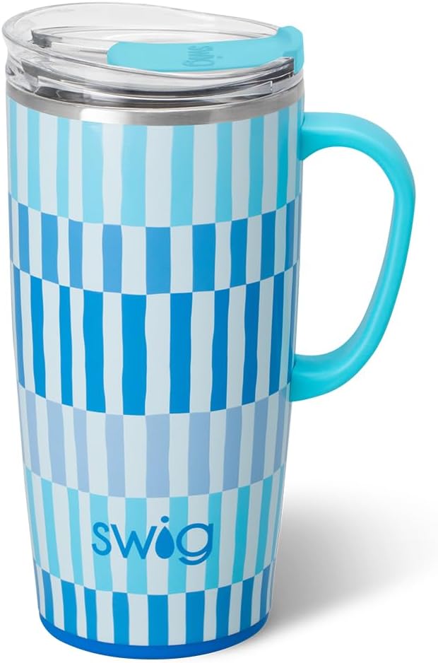 Swig Life 22oz Insulated Travel Mug with Handle & Lid, Glacier Stripe | Triple Insulated Stainless Steel - Handle & Lid Included - Keeps Coffee Hot or Cold - Cup Holder Friendly