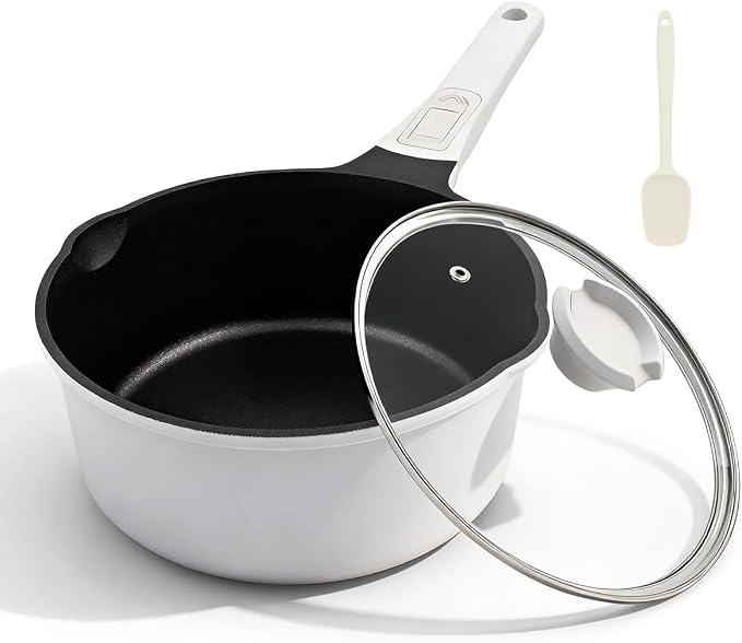 2.5 Qt Saucepan with Lid, Nonstick Sauce Pot with Pour Spout, White | Milk Pot with Detachable Handle, Compatible for All Stoves Including Induction, Oven Safe, PFOA PFAS PTFE Free
