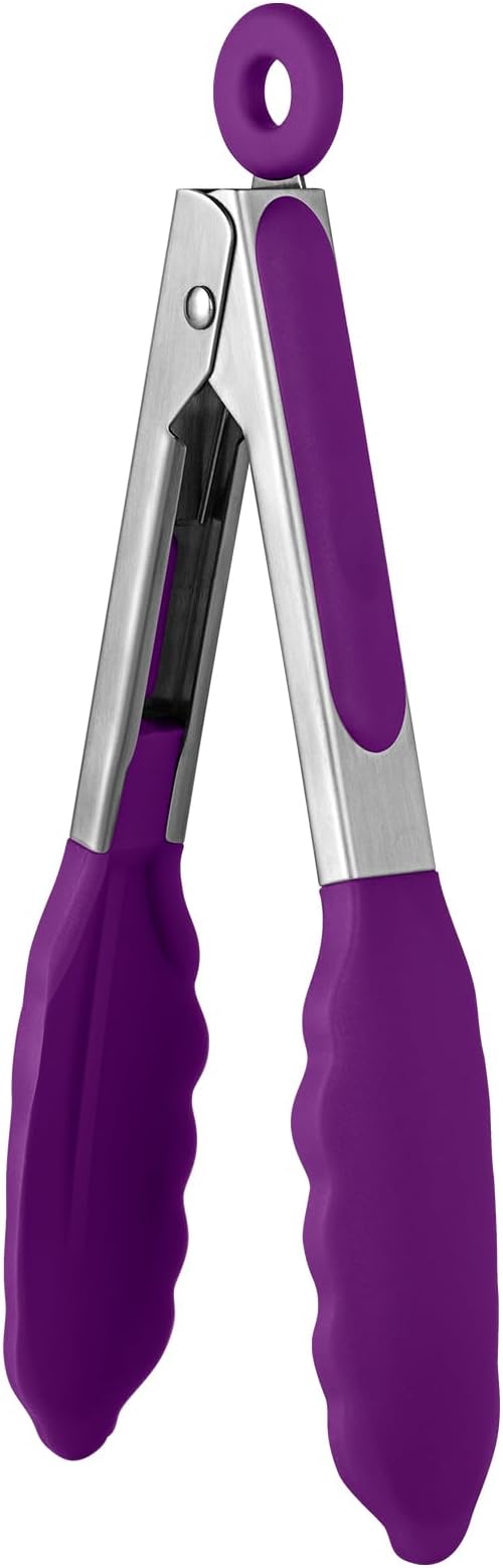 U-Taste Kitchen Tong for Cooking, 600ºF Heat-Resistant Tps, 7in/Purple | Small Mini Silicon Tongs for Serving Food, Short Salad Thong with Non Stick Rubber Tips & 18/8 Stainless Steel Handle
