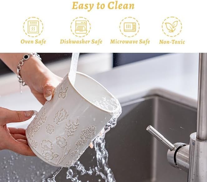 TEATALK Vintage Ceramic Utensil Crock Set, Airtight Lid & Rotating Base for Countertop, Farmhouse Kitchen Organizer, Large and Small Dark Blue Crocks in White Garden Pattern, 7.7"+5.7"