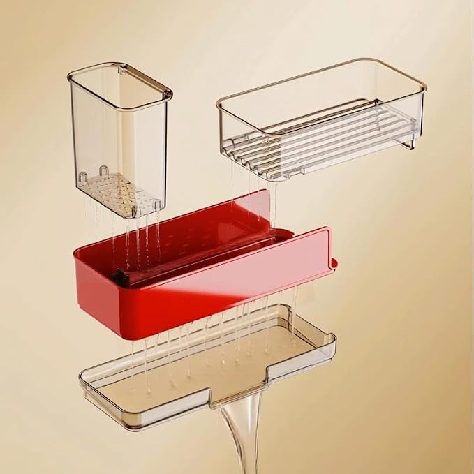 Expandable Kitchen Sink Caddy 25-38cm, 360° Rotating Sponge Holder & Brush | Red, large, stretchable 25-38cm. Side brush holder, triple drainage, rust-proof. Ideal for sponge & kitchen sink accessories.