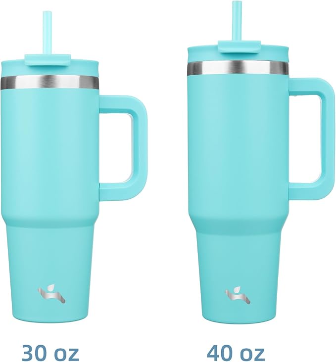 Konokyo 30 oz Insulated Tumbler Water Bottle with Handle, Straw Lid | BPA-free and dishwasher safe; made for gym, travel, coffee and gifting, 2 straws, cup holder friendly,Turquoise