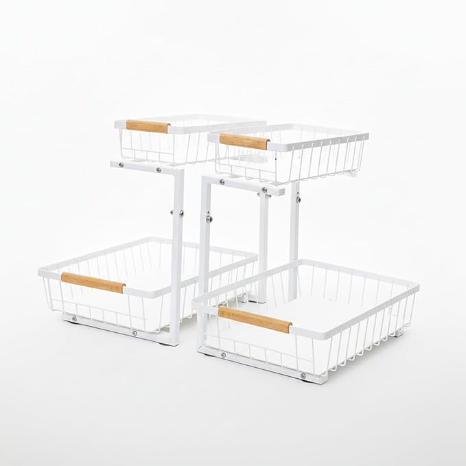 Under Sink Organizer 2 Pack, 2 Tier Pull Out Cabinet Organizers and Storage for Kitchen Bathroom Pantry Laundry, Adjustable Height, Slide Out Thickened Metal Storage Shelf (White, 2 Pack)