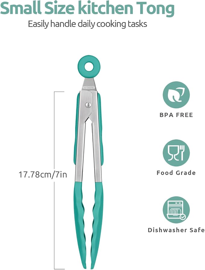 U-Taste Kitchen Tong for Cooking, 600ºF Heat-Resistant Tps, 7in/Aqua Sky | Small Mini Silicon Tongs for Serving Food, Short Salad Thong with Non Stick Rubber Tips & 18/8 Stainless Steel Handle