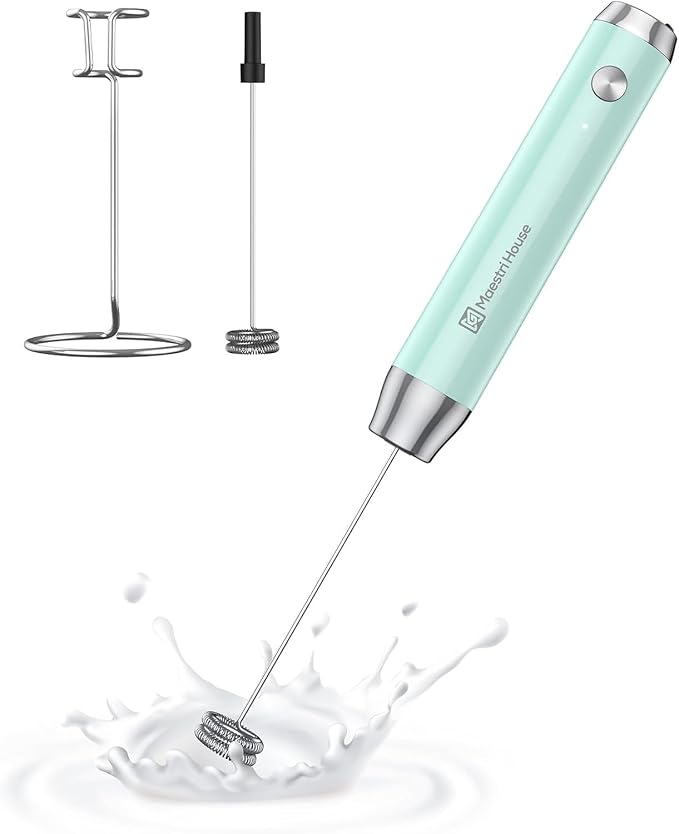 Maestri House LunaFro Rechargeable Milk Frother,Stand & 2 Detachable Whisks | 8000RPM Turbo Motor, 1200mAh lithium battery, Handheld Milk Frother for Lattes, Cappuccino, Matcha & Powdered Supplements