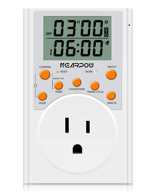 NEARPOW Infinite Cycle Digital Timer Outlet Switch, Programmable 3-Prong | Multifunctional Plug-in Electrical Timer, Energy-Saving Power Switch, Heavy Duty 15A/1800W for Household Appliances