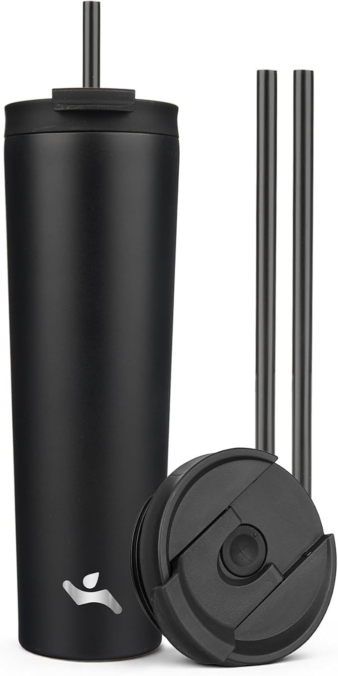 Konokyo 34 oz Insulated Tumbler Water Bottle with Straw Lid, Black | Stainless steel insulated tumbler for coffee, water and iced drinks; spill-proof lid, 2 straws, cup-holder friendly