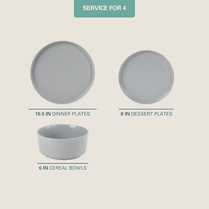 Gibson Home Dempsey Road 12-Piece Stoneware Dinnerware Set – Service for 4, Round Grey Plates and Bowls, Durable Solid Color Modern Embossed Dish Set, Microwave & Dishwasher Safe