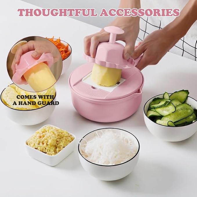 Mandoline Vegetable Slicer Set with 6 Interchangeable Blades, Grater and Peeler, Pink and Blue (Pink)