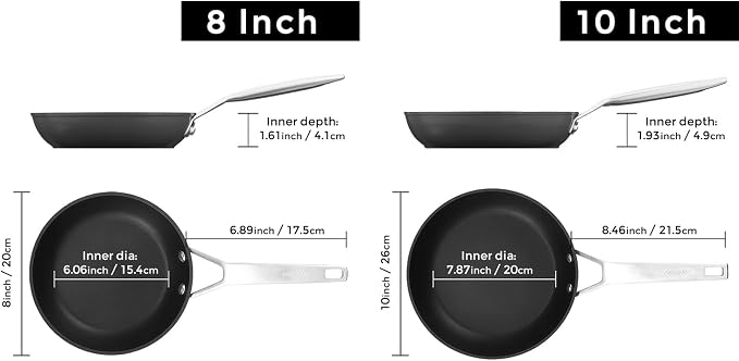MsMk 8 inch and 10 inch Non Stick Frying Pan Set, PFOA & PTFE & PFAS Free | Non Toxic, Even Heating, Easy Clean, Dishwasher & Oven Safe, suitable for gas & electric & induction stoves, Stainless Steel