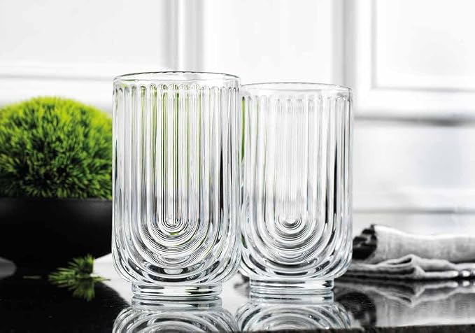 Glaver's Vintage Glassware Art Deco Glasse Ribbed Drinking Glasses U-Shape Arch Design Colored Cocktail Kitchen Tumblers Everyday Dinner Decorative Party (Clear S/4 17oz)