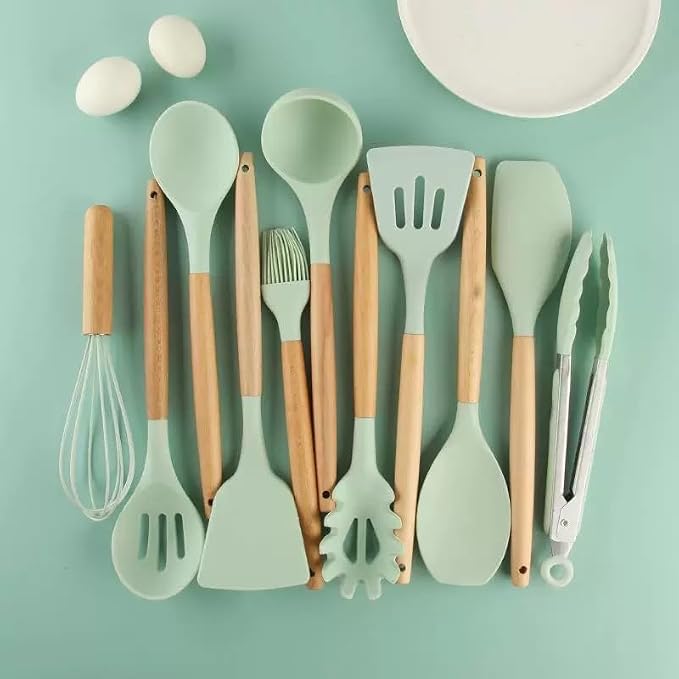 Caboh Silicone Kitchen Utensil Set 12 PCS – Heat Resistant Cooking Tools with Spatula, Serving Spoon, Tongs, Whisk & Holder, Nonstick Safe BPA-Free Kitchen Accessories Set (Light Green)