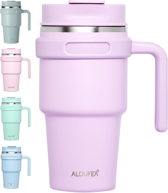20 oz Insulated Travel Coffee Mug Tumbler with Handle and Straw | Leakproof Stainless Steel Coffee Cup with Lid, Double Wall Vacuum Ice Thermal Cup, Lavender