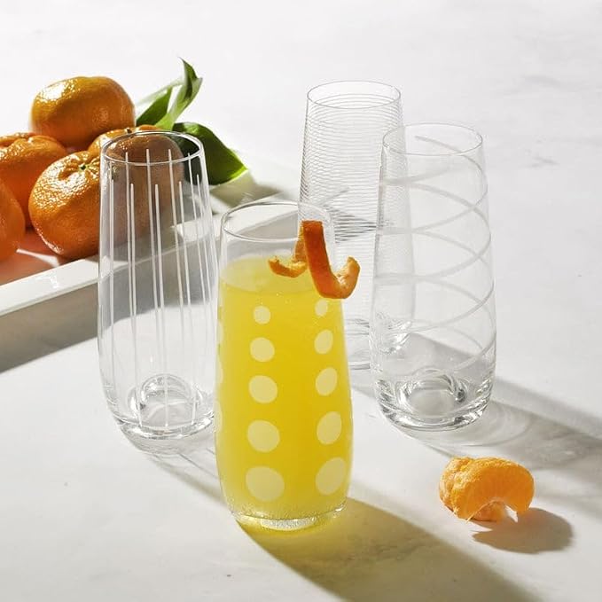 Mikasa Cheers Stemless Flutes, 7.5 Oz - Clear, Set of 4 | Lead-Free Crystal Drinkware with Dot, Line & Swirl Designs for Champagne, Prosecco, Cocktails & Mimosas, Dishwasher Safe
