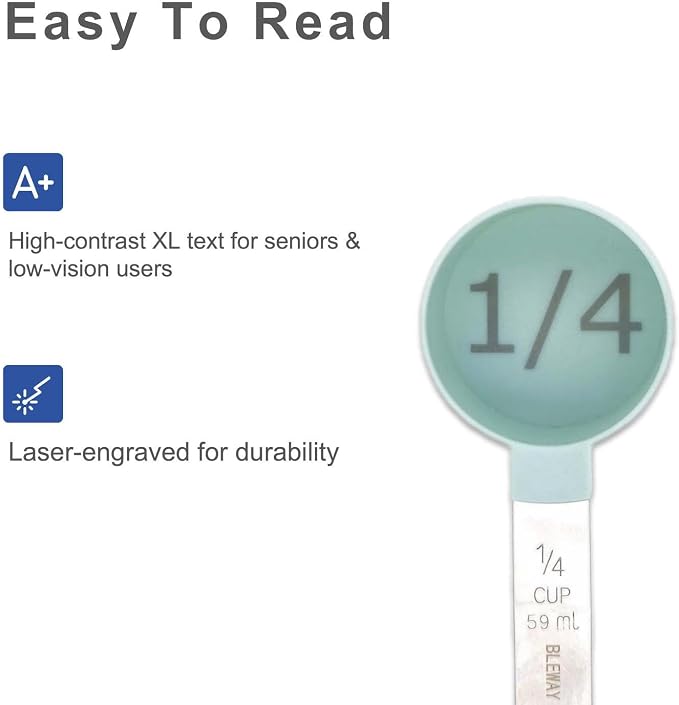 Easy to Read Measuring Cups & Spoons Set for Visually Impaired, Stackable,Large Print Measure Cups Set, Nesting Measure Cups with Stainless Steel Handle