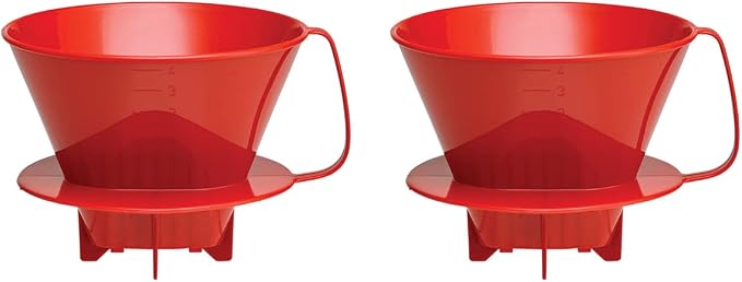 Fino Pour-Over Coffee Brewing Filter Cone, Number 4-Size, Red, Brews 8 to 12-Cups, Set of 2