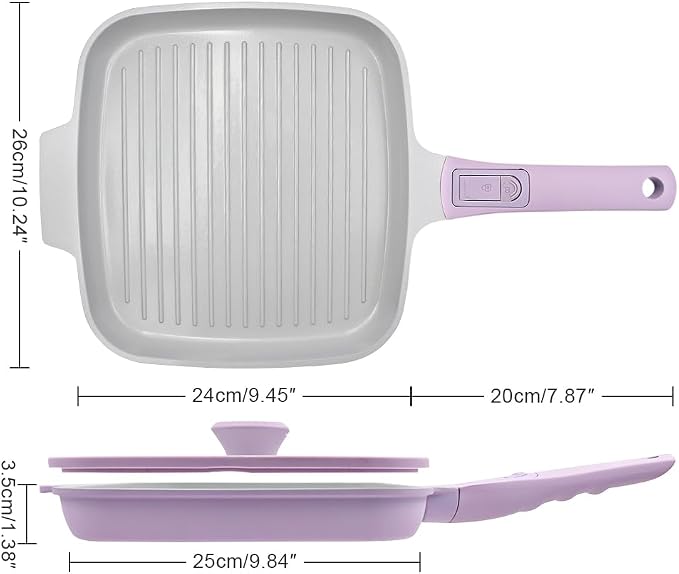 RANX INGST Nonstick Ceramic Griddle Pan with Lid, 10 Inch Steak Pan- Purple | Detachable Handle Induction Compatible