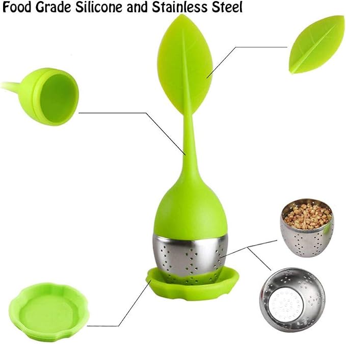 Tea Infuser Filter, Silicone Handle Loose Tea Infuser Tea Strainer, Stainless Steel Tea Ball Strainer with Leaf shaped for Tea Cups, Mugs, Teapots (Green Orange)