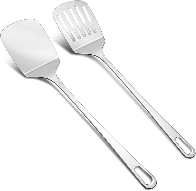 2PCS Stainless Steel Spatula, Solid & Slotted Metal Turner for Kitchen Use | Hanucci Heat Resistant, Dishwasher Safe,Heavy Duty Metal Spatula for Flipping Fish Eggs Pancakes, Everyday Kitchen Cooking